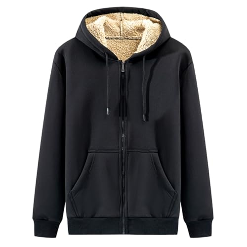 Generisch Fleecejacke Herren Teddyfleece Sweatjacke Dicke Thermo Kapuzenjacke Fleece Vliesjacke Warmer Sherpa Jacke Bequeme kaputzensweatjacke Einfarbige Strickfleecejacke Schwarz L von Generisch