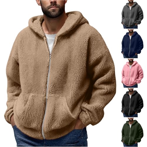 Generisch Fleecejacke Herren Teddyfleece Winterjacke Fleece Kapuzenjacke Warmer Sherpa Jacke Bequeme Wolljacke Einfarbige Plüschmantel Plüsch Dicke Thermo Sweatjacke Kaffee 4XL von Generisch