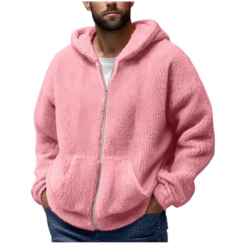 Generisch Fleecejacke Herren Teddyfleece Winterjacke Fleece Kapuzenjacke Warmer Sherpa Jacke Bequeme Wolljacke Einfarbige Plüschmantel Plüsch Dicke Thermo Sweatjacke Rosa 4XL von Generisch