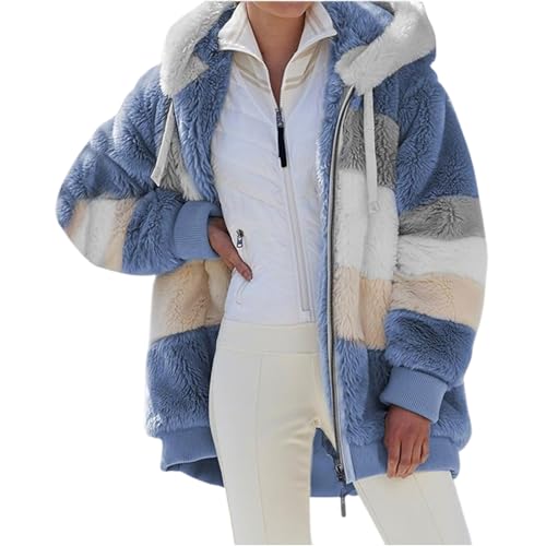 Generisch Fleecejacke Hoodie Damen Kapuzenpullover Teddy-Fleece Jacke Warm Herbst Wintermantel Stilvoller ReißVerschluss Fellmantel PlüSchjacke Mit Taschen übergangsjacke 1#Blau XL von Generisch