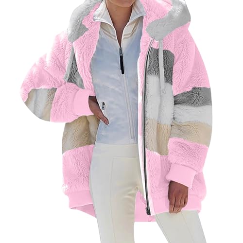 Generisch Fleecejacke Hoodie Damen Kapuzenpullover Teddy-Fleece Jacke Warm Herbst Wintermantel Stilvoller ReißVerschluss Fellmantel PlüSchjacke Mit Taschen übergangsjacke 2#Rosa S von Generisch