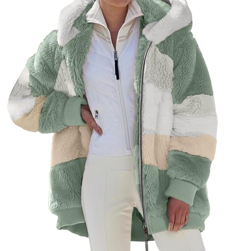 Generisch Fleecejacke Hoodie Damen Kapuzenpullover Teddy-Fleece Jacke Warm Herbst Wintermantel Stilvoller ReißVerschluss Fellmantel PlüSchjacke Mit Taschen übergangsjacke 3#Grün M von Generisch