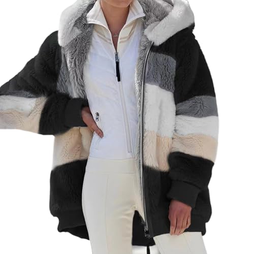 Generisch Fleecejacke Hoodie Damen Kapuzenpullover Teddy-Fleece Jacke Warm Herbst Wintermantel Stilvoller ReißVerschluss Fellmantel PlüSchjacke Mit Taschen übergangsjacke 3#Schwarz XXXL von Generisch