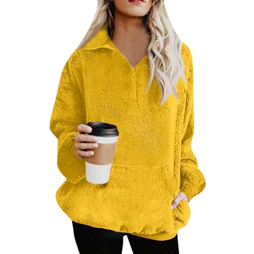 Generisch Fleecepullover Damen Warm Winterpullover Fleece Mit Reisverschluss Pullover Damen Winter Flauschig Einfarbig Fleecepulli Damen Outdoor Teddyfleece Pullover Mit Kragen Winterpulli Mit Tasche von Generisch