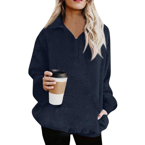 Generisch Fleecepullover Damen Warm Winterpullover Fleece Mit Reisverschluss Pullover Damen Winter Flauschig Einfarbig Fleecepulli Damen Outdoor Teddyfleece Pullover Mit Kragen Winterpulli Mit Tasche von Generisch