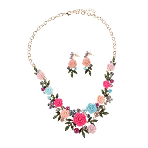 Generisch Floral Schmuckset mit Halskette und Ohrringen Leichtes Teiliges Set mit Perlen und Blättern Eleganter Schmuck für Braut Brautjungfer Hochzeit Party und Alltag von Generisch