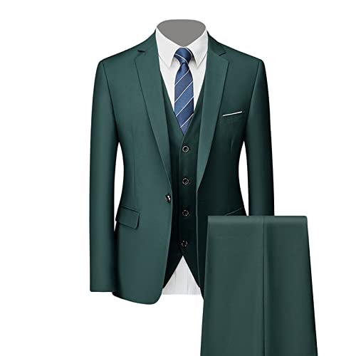 Generisch Formales 3 Teiliges Anzug Set für Herren Slim Fit Hochzeits Smoking mit 1 Knopf Revers Stilvolle Business Party Blazer Weste Hose (Armeegrün,L) von Generisch