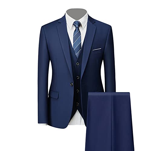 Generisch Formales 3 Teiliges Anzug Set für Herren Slim Fit Hochzeits Smoking mit 1 Knopf Revers Stilvolle Business Party Blazer Weste Hose (Dunkelblau,6XL) von Generisch