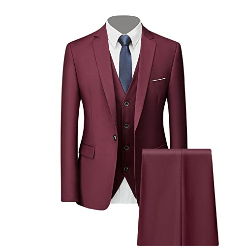 Generisch Formales 3 Teiliges Anzug Set für Herren Slim Fit Hochzeits Smoking mit 1 Knopf Revers Stilvolle Business Party Blazer Weste Hose (Dunkelrot,4XL) von Generisch