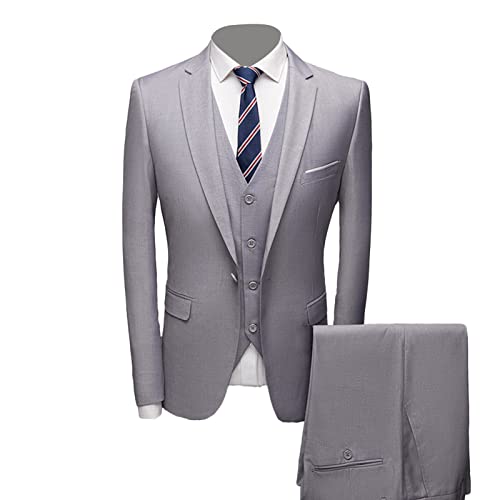 Generisch Formales 3 Teiliges Anzug Set für Herren Slim Fit Hochzeits Smoking mit 1 Knopf Revers Stilvolle Business Party Blazer Weste Hose (Hellgrau,3XL) von Generisch