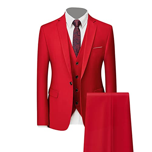 Generisch Formales 3 Teiliges Anzug Set für Herren Slim Fit Hochzeits Smoking mit 1 Knopf Revers Stilvolle Business Party Blazer Weste Hose (Rot 1,L) von Generisch
