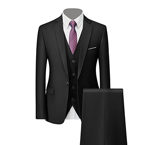 Generisch Formales 3 Teiliges Anzug Set für Herren Slim Fit Hochzeits Smoking mit 1 Knopf Revers Stilvolle Business Party Blazer Weste Hose (Schwarz,6XL) von Generisch