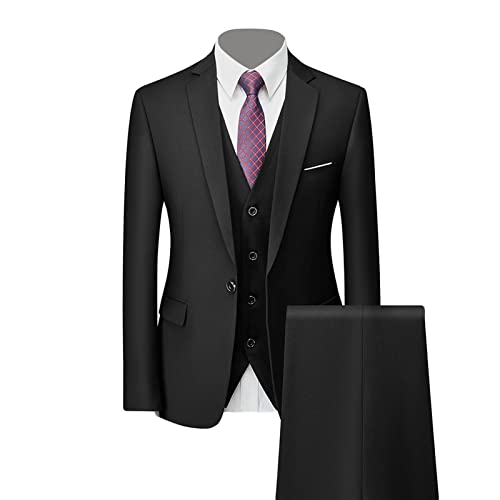 Generisch Formales 3 Teiliges Anzug Set für Herren Slim Fit Hochzeits Smoking mit 1 Knopf Revers Stilvolle Business Party Blazer Weste Hose (Schwarz,M) von Generisch