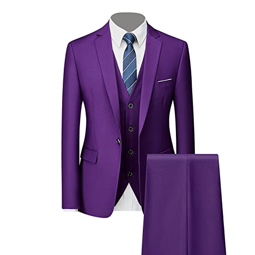 Generisch Formales 3 Teiliges Anzug Set für Herren Slim Fit Hochzeits Smoking mit 1 Knopf Revers Stilvolle Business Party Blazer Weste Hose (Violett,L) von Generisch