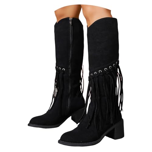 Generisch Fransen Stiefeletten Damen, Western Stiefel mit Blockabsatz und Reißverschluss, Hochschaft Cowboystiefel in Wildleder-Optik, Trendige Damenstiefel für Herbst, Winter, Party & Streetstyle von Generisch