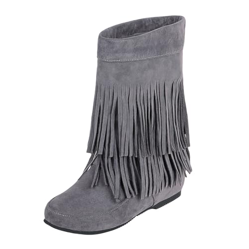 Generisch Fransenstiefel Damen Stiefeletten Herbst Fransen Trendy Elegant Westernstiefel Einfarbig Runde Zehen Niederung Stiefel Outdoor Große Größen Ankle Boots Bequeme Knöchelstiefel,37-42 Eu von Generisch