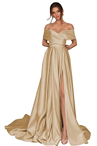 Generisch Frauen Aus Die Schulter Ballkleider Lange Satin Brautjungfernkleider Korsett Hoher Schlitz Formelle Party Abendkleid mit Taschen Champagne XS von Generisch