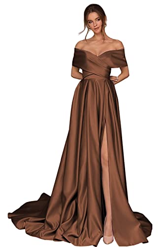 Generisch Frauen Aus Die Schulter Ballkleider Lange Satin Brautjungfernkleider Korsett Hoher Schlitz Formelle Party Abendkleid mit Taschen Chocolate M von Generisch