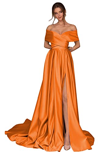 Generisch Frauen Aus Die Schulter Ballkleider Lange Satin Brautjungfernkleider Korsett Hoher Schlitz Formelle Party Abendkleid mit Taschen Orange XL von Generisch