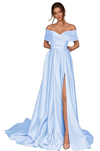 Generisch Frauen Aus Die Schulter Ballkleider Lange Satin Brautjungfernkleider Korsett Hoher Schlitz Formelle Party Abendkleid mit Taschen Sky Blue M von Generisch