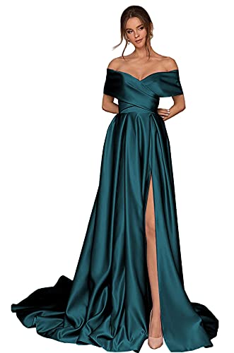 Generisch Frauen Aus Die Schulter Ballkleider Lange Satin Brautjungfernkleider Korsett Hoher Schlitz Formelle Party Abendkleid mit Taschen Teal S von Generisch