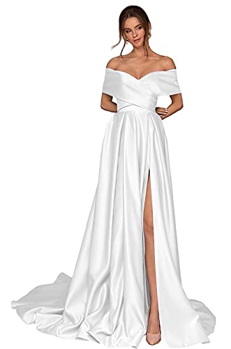 Generisch Frauen Aus Die Schulter Ballkleider Lange Satin Brautjungfernkleider Korsett Hoher Schlitz Formelle Party Abendkleid mit Taschen White 9XL von Generisch