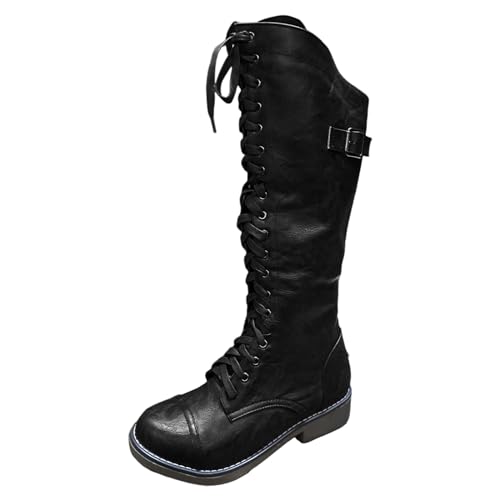 Generisch Frauen Boots mit Künstlicher Stickerei Blumen Dicke Sohle Plateau Absatz Schnürung Mid-Calf Stiefel Runde Spitze Bequeme Damenschuhe von Generisch