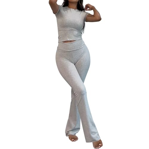 Generisch Frauen Einfarbig Frühen Kurzarm High-End-Mode Stil Chic Zwei Stück Anzug Festival Hose Damen (Grey, M) von Generisch