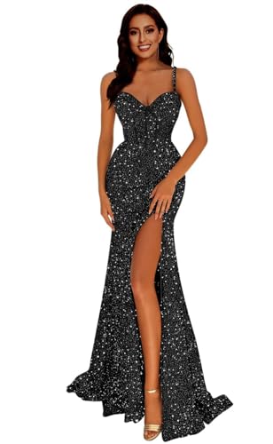 Generisch Frauen Meerjungfrau Pailletten Abschlussball Kleider V-Ausschnitt RüCkenfrei Brautjungfernkleid Langer Schlitz Formelle Abendparty Ballkleid Black M von Generisch