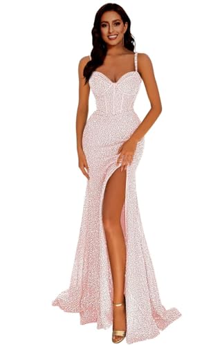 Generisch Frauen Meerjungfrau Pailletten Abschlussball Kleider V-Ausschnitt RüCkenfrei Brautjungfernkleid Langer Schlitz Formelle Abendparty Ballkleid Blush Pink M von Generisch