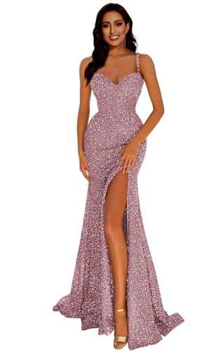 Generisch Frauen Meerjungfrau Pailletten Abschlussball Kleider V-Ausschnitt RüCkenfrei Brautjungfernkleid Langer Schlitz Formelle Abendparty Ballkleid Dusty Rose L von Generisch