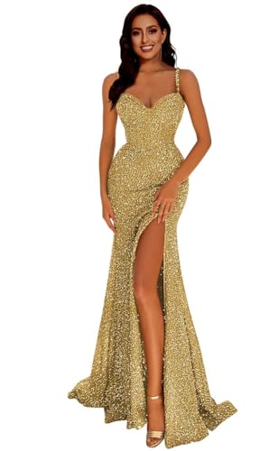 Generisch Frauen Meerjungfrau Pailletten Abschlussball Kleider V-Ausschnitt RüCkenfrei Brautjungfernkleid Langer Schlitz Formelle Abendparty Ballkleid Gold 7XL von Generisch