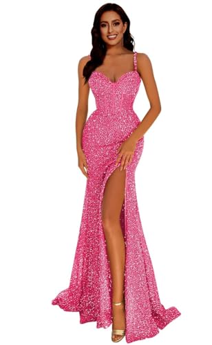 Generisch Frauen Meerjungfrau Pailletten Abschlussball Kleider V-Ausschnitt RüCkenfrei Brautjungfernkleid Langer Schlitz Formelle Abendparty Ballkleid Hot Pink M von Generisch