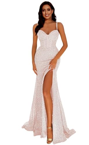 Generisch Frauen Meerjungfrau Pailletten Abschlussball Kleider V-Ausschnitt RüCkenfrei Brautjungfernkleid Langer Schlitz Formelle Abendparty Ballkleid Light Pink XXS von Generisch
