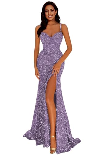 Generisch Frauen Meerjungfrau Pailletten Abschlussball Kleider V-Ausschnitt RüCkenfrei Brautjungfernkleid Langer Schlitz Formelle Abendparty Ballkleid Mauve XS von Generisch