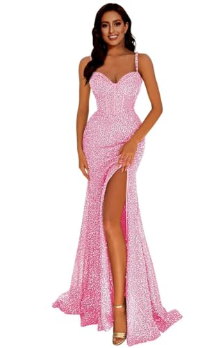 Generisch Frauen Meerjungfrau Pailletten Abschlussball Kleider V-Ausschnitt RüCkenfrei Brautjungfernkleid Langer Schlitz Formelle Abendparty Ballkleid Pink XXL von Generisch