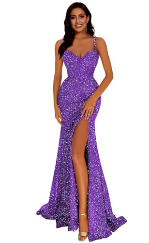 Generisch Frauen Meerjungfrau Pailletten Abschlussball Kleider V-Ausschnitt RüCkenfrei Brautjungfernkleid Langer Schlitz Formelle Abendparty Ballkleid Purple M von Generisch