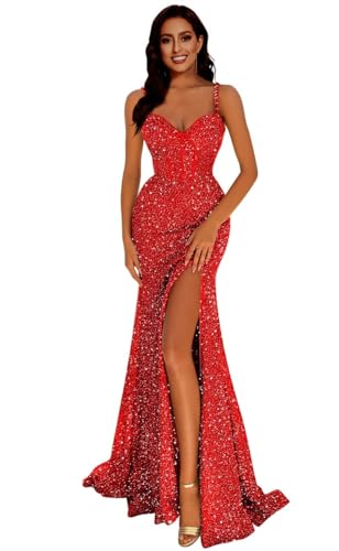 Generisch Frauen Meerjungfrau Pailletten Abschlussball Kleider V-Ausschnitt RüCkenfrei Brautjungfernkleid Langer Schlitz Formelle Abendparty Ballkleid Red S von Generisch