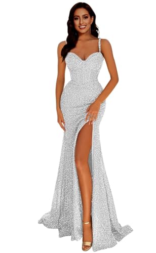 Generisch Frauen Meerjungfrau Pailletten Abschlussball Kleider V-Ausschnitt RüCkenfrei Brautjungfernkleid Langer Schlitz Formelle Abendparty Ballkleid White XS von Generisch