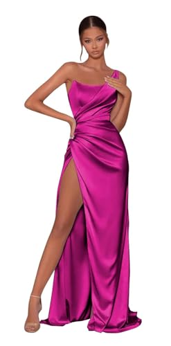 Generisch Frauen One Shoulder Satin Abschlussball Kleider Meerjungfrau gerüscht Brautjungfernkleid Lang hoch Schlitz rückenfrei formelle Abendpartykleider von Generisch