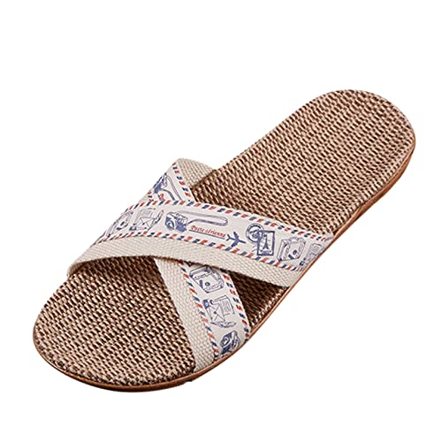 Generisch Frauen Pantoletten Hausschuhe Sommer Linen Geflochtene Schlupfsandalen Lässige Modische Rutschfest Flache Schuhe Bohemia Strandschuhe Indoor Outdoor Leicht Atmungsaktiv Slippers von Generisch