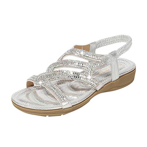 Generisch Frauen Slip On Wedges Sandalen Casual Strass Riemen Open Toe Slide Strandschuhe compatible with Motorrad Schuhe Damen 40 (Silver 38) von Generisch
