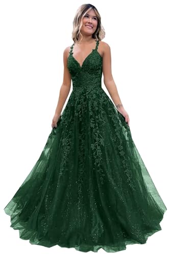 Generisch Frauen Spitze Applikation Abschlussball Kleider Langer Tüll Brautjungfernkleid A Linie V-Ausschnitt Formale Partyballkleider mit Schlitz Emerald Green XL von Generic