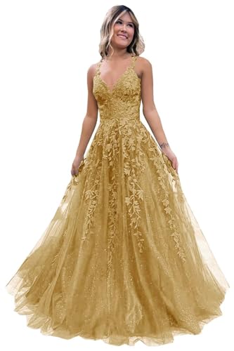 Generisch Frauen Spitze Applikation Abschlussball Kleider Langer Tüll Brautjungfernkleid A Linie V-Ausschnitt Formale Partyballkleider mit Schlitz Gold M von Generisch