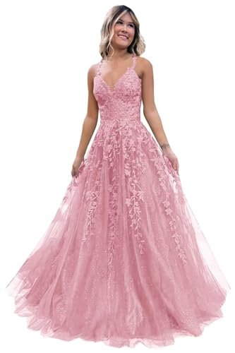 Generisch Frauen Spitze Applikation Abschlussball Kleider Langer Tüll Brautjungfernkleid A Linie V-Ausschnitt Formale Partyballkleider mit Schlitz Pink L von Generisch