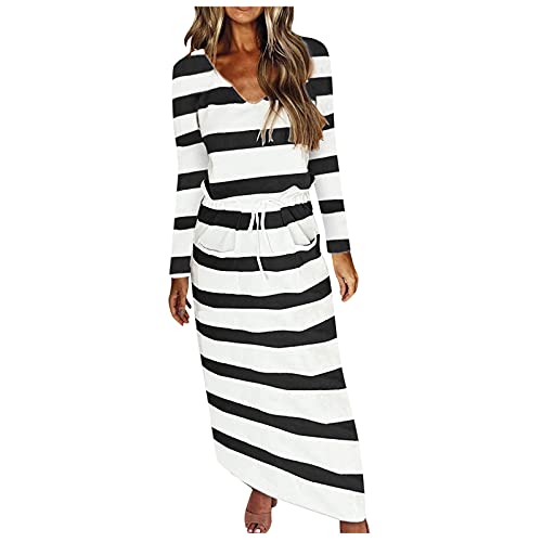 Generisch Frauen Streifenkleid V-Ausschnitt Langarm lockeres lässiges langes Taschenkleid Freizeitkleid Damen (Black, L) von Generisch