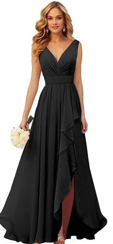 Generisch Frauen V-Ausschnitt Chiffon Brautjungfer Kleider Seite Schlitz RüSche Plissierte Formelle Abschlussball Party Kleid Lange Formelle Abendkleid Black von Generisch