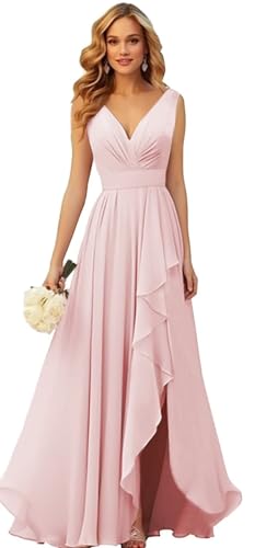 Generisch Frauen V-Ausschnitt Chiffon Brautjungfer Kleider Seite Schlitz RüSche Plissierte Formelle Abschlussball Party Kleid Lange Formelle Abendkleid Blush Pink L von Generisch