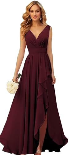 Generisch Frauen V-Ausschnitt Chiffon Brautjungfer Kleider Seite Schlitz RüSche Plissierte Formelle Abschlussball Party Kleid Lange Formelle Abendkleid Burgundy XXL von Generisch