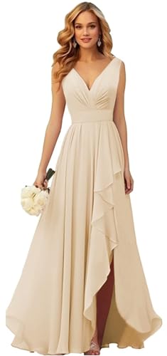 Generisch Frauen V-Ausschnitt Chiffon Brautjungfer Kleider Seite Schlitz RüSche Plissierte Formelle Abschlussball Party Kleid Lange Formelle Abendkleid Champagne L von Generisch